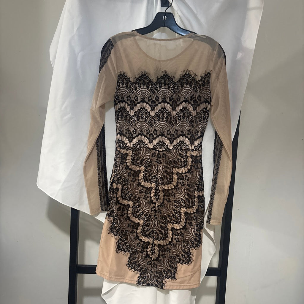Nude & Black Lace Overlay Long Sleeve Mini Dress