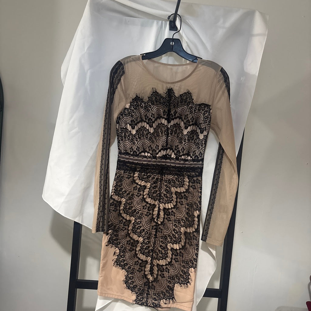 Nude & Black Lace Overlay Long Sleeve Mini Dress