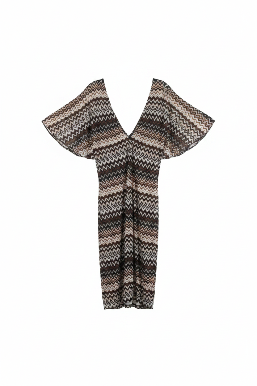 Chevron Zigzag Flutter Sleeve Midi Dress